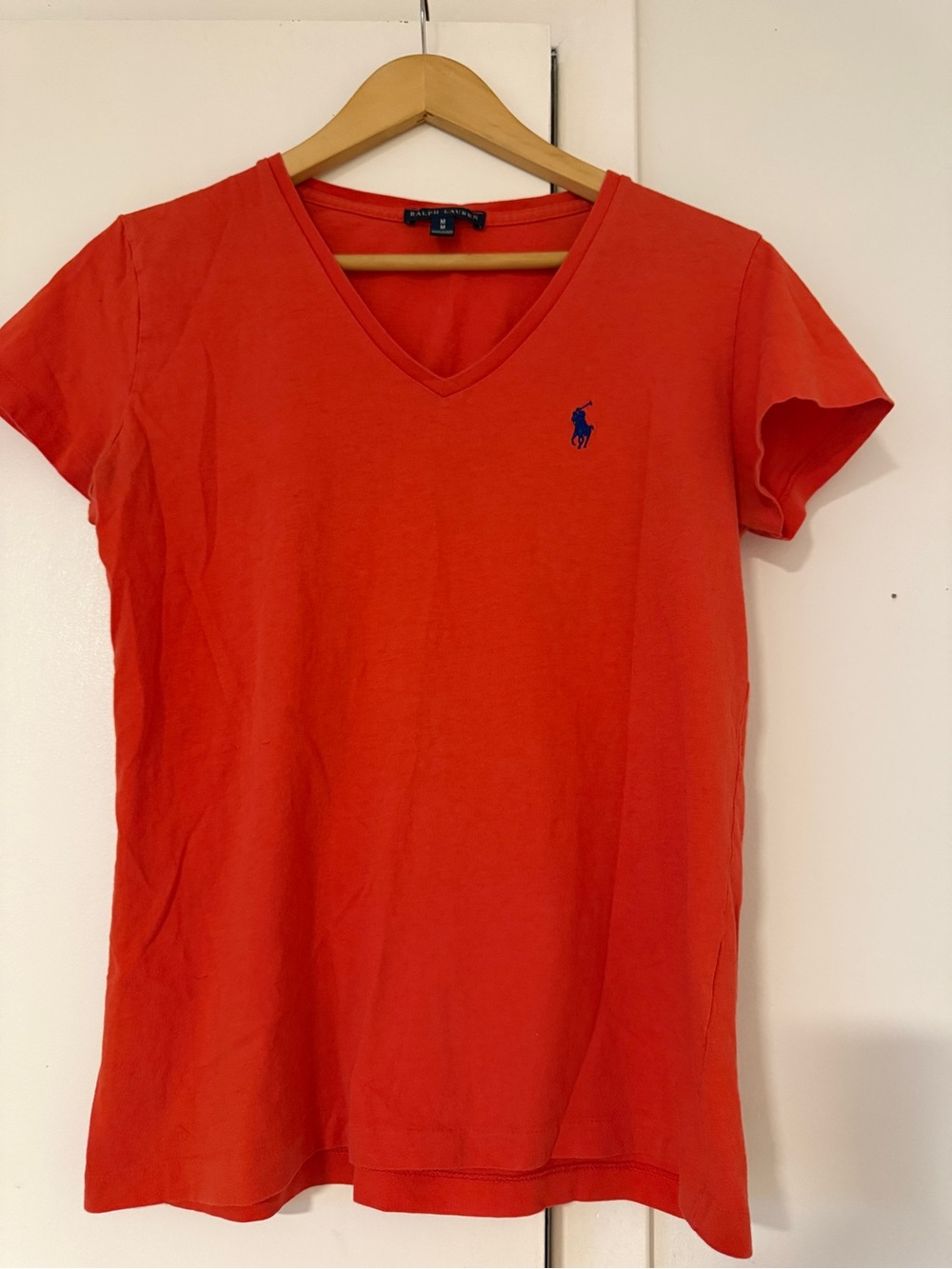 Ralph Lauren Women’s Orange V-Neck Polo Tee with Navy Pony